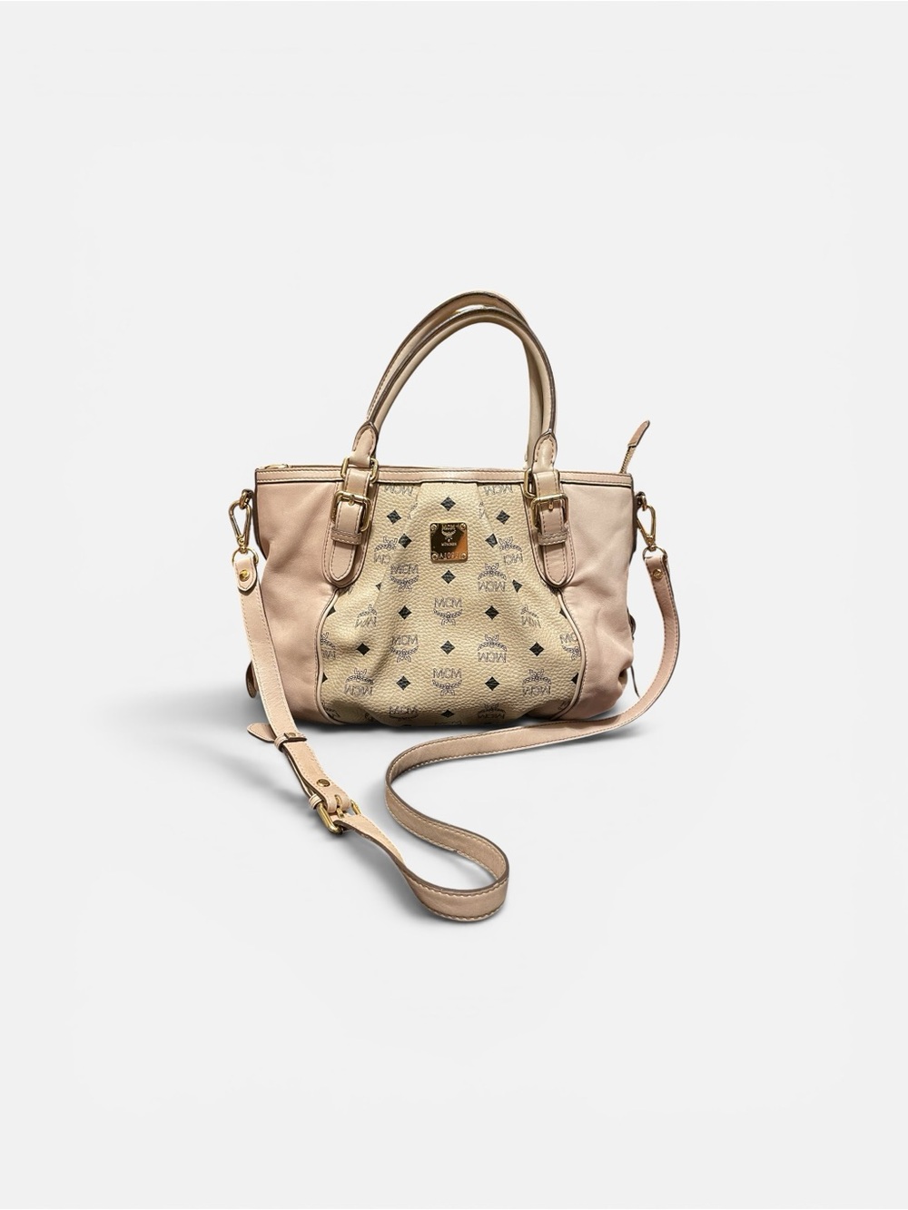 MCM Beige and Blush Leather Satchel with Detachable Strap